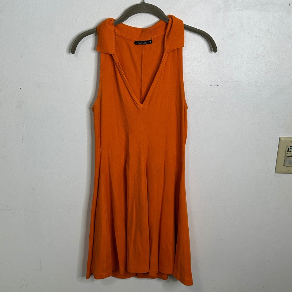 Zara‎ Womens Orange Ribbed Knit Polo V-Neck Sleeveless Fit & Flare Mini Dress L